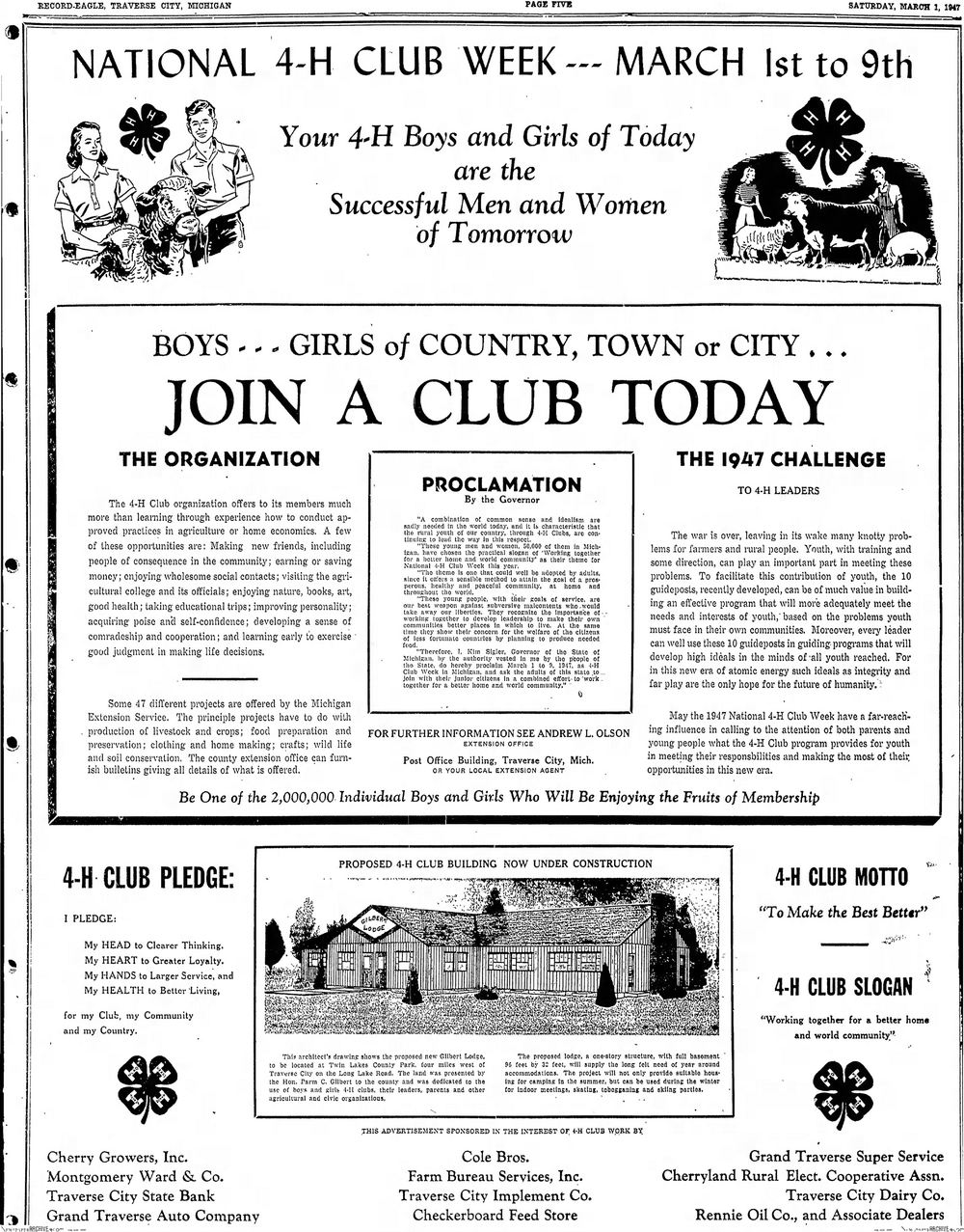 Twin Lakes Park (Gilbert Lodge) - Mar 1 1947 4H Ad